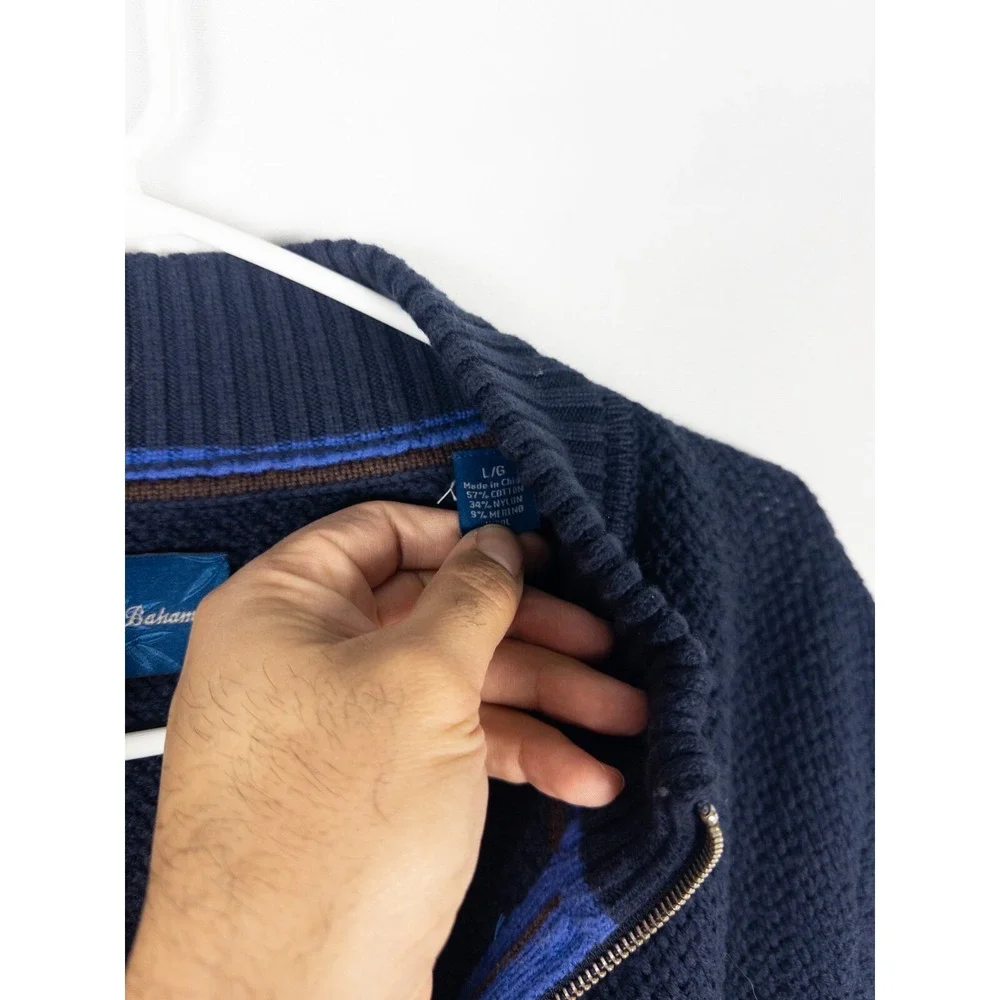 Tommy Bahama Sweater Mens L‎ Blue Knit Heavyweght Fisherman Full Zip Heavyweight